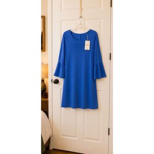 WENRINE Women's Pleated Front Mini Dress Royal Blue Bell Sleeve Dress